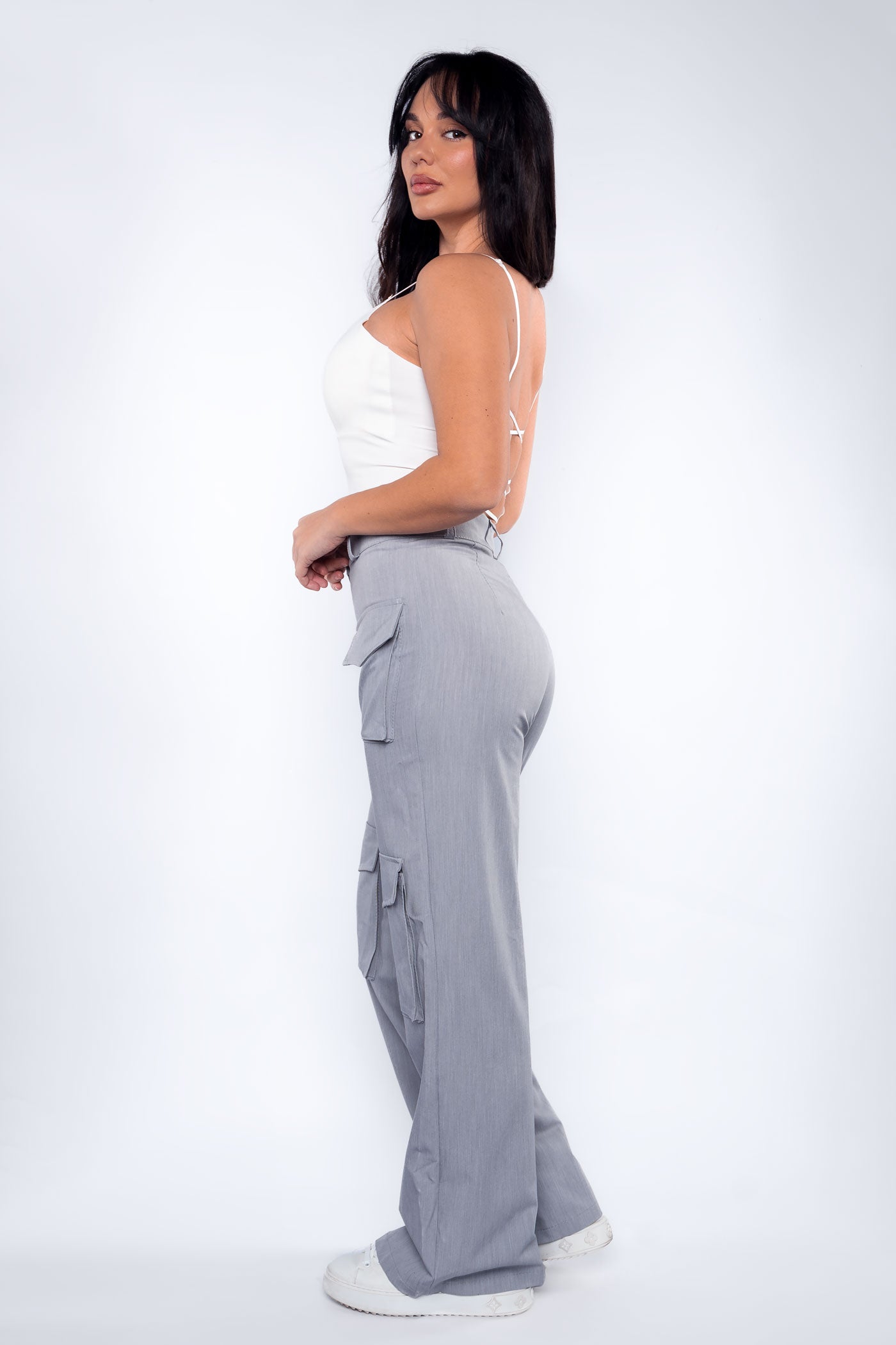 Pantalón drill de pierna ancha bolsillos