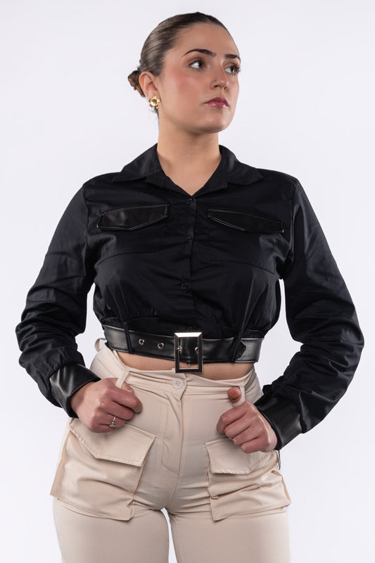 Top camisa corto de manga larga color solido