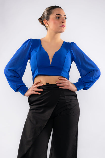 Top blusa manga gasa espalda descubierta