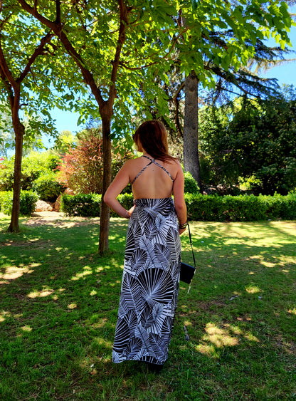 Vestido largo con estampado plumas