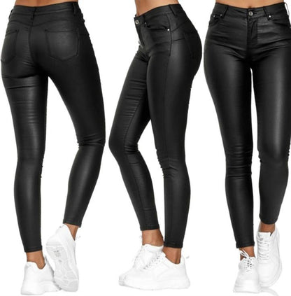 Pantalón Jeans de cuero sintético con diseño de talle alto