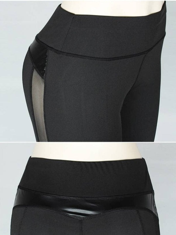 Leggin de entrenamiento fitness, leggins con malla de cuero patchwork de Yoga